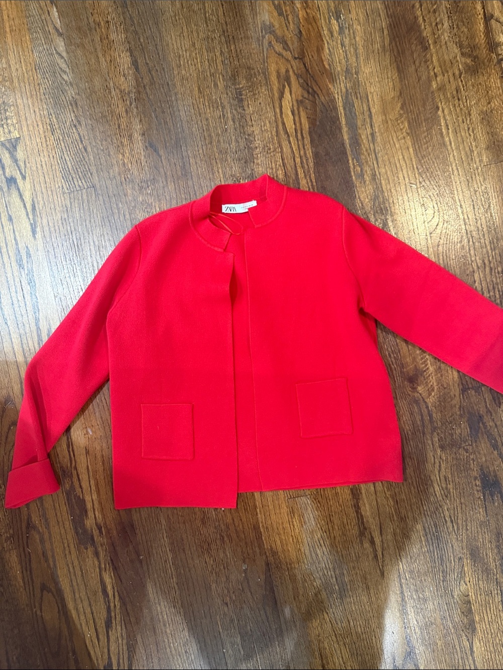NWOT Zara Red Knit Collarless Sweater Blazer M
